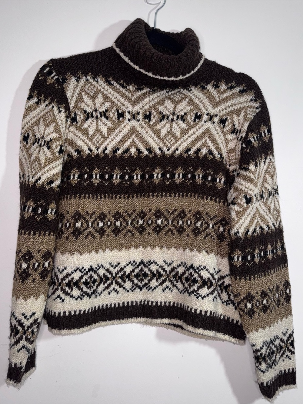 Vintage Fair Isle Turtleneck Sweater Brown Nordic Cozy Knit Medium